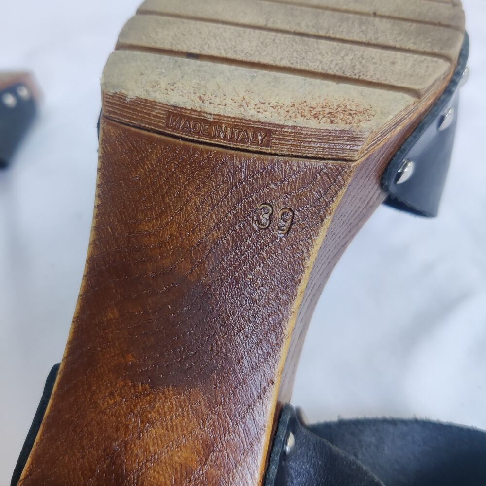 Miz Mooz NYC Wooden Block Heel Studded Black Leather Sandals Size 8 Scandi Girl - Picture 10 of 12